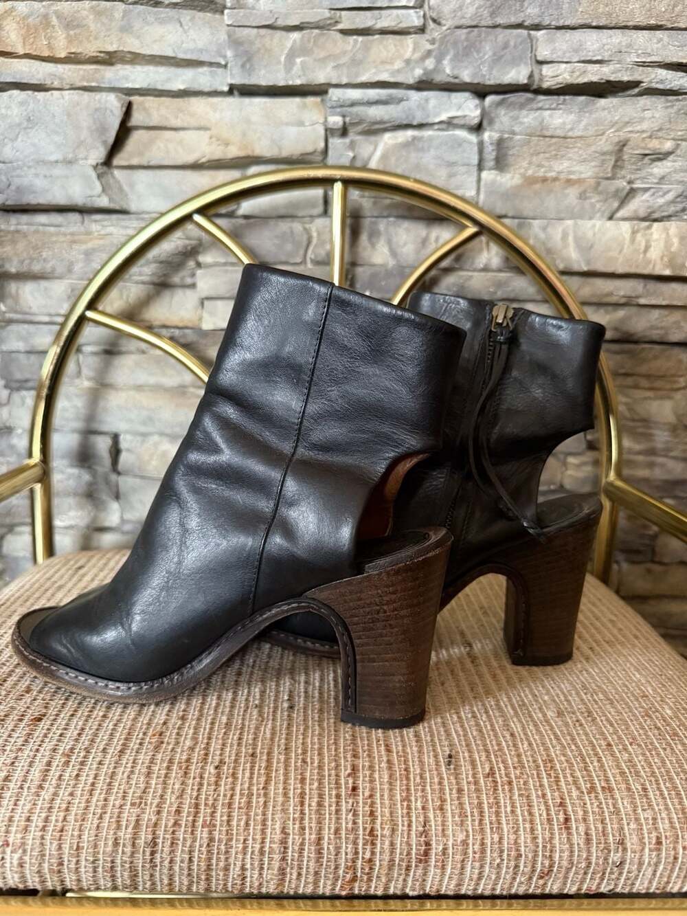 Buttero Black Leather Peep Toe Slingback Block Heel Boots Size 38